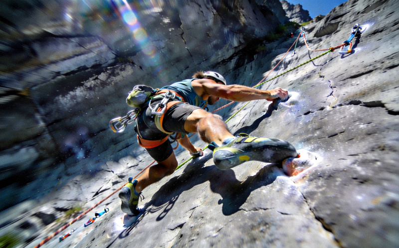 攀岩运动员在陡峭岩壁上使用专业攀岩装备挑战极限的瞬间