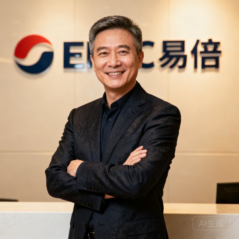 秦观，EMC易倍创始人兼CEO，45岁，穿深色西装双手交叉于胸前，短发干练，面带自信微笑，背景为公司品牌墙