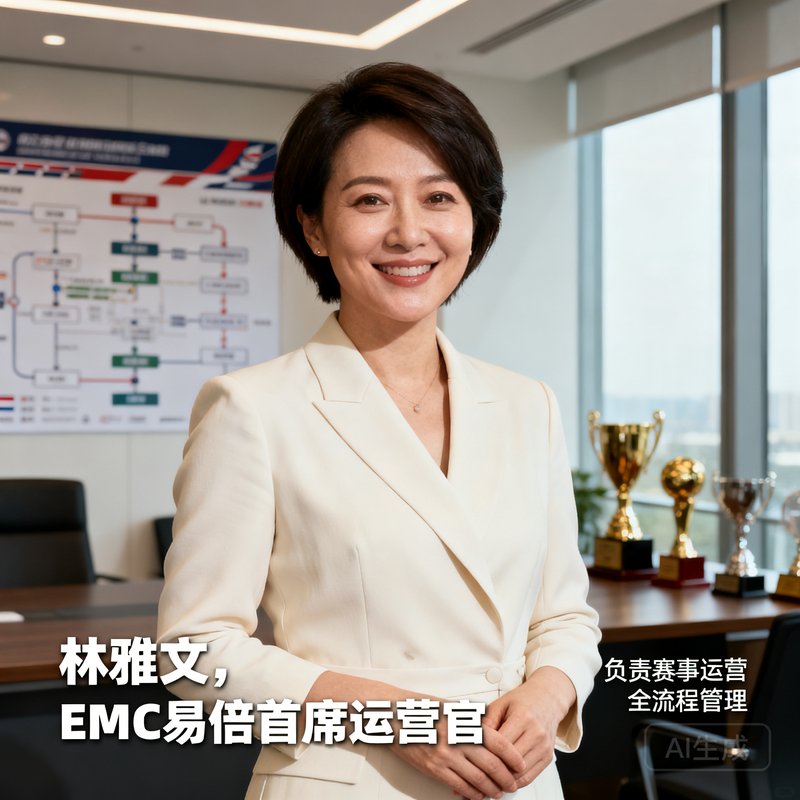林雅文，EMC易倍首席运营官，38岁女性，短发干练，身着米白色职业装，微笑中透着果断，负责赛事运营全流程管理