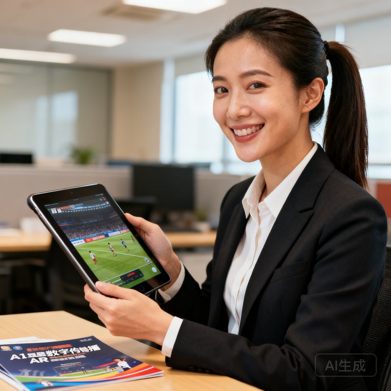 苏婉清，EMC易倍数字媒体总监，31岁女性，手持平板电脑，扎马尾，微笑中充满活力，负责赛事数字传播与AR技术应用